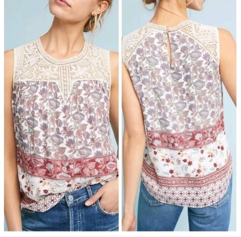 MAEVE Anthropologie ELEANOR Multi Tonal Floral Crochet Boho Sleeveless Blouse M